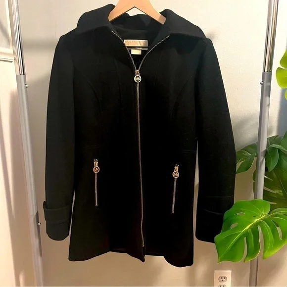 Michael Kors Black Hooded Wool Full Zip Jacket Small Gold Hardware - Picture 1 of 8